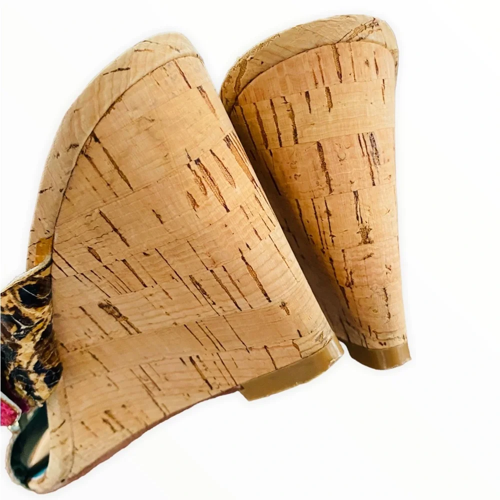 Beverly Feldman 80’s Karena Mixed Print Colorful Belted Cork Wedges‎ Size 7